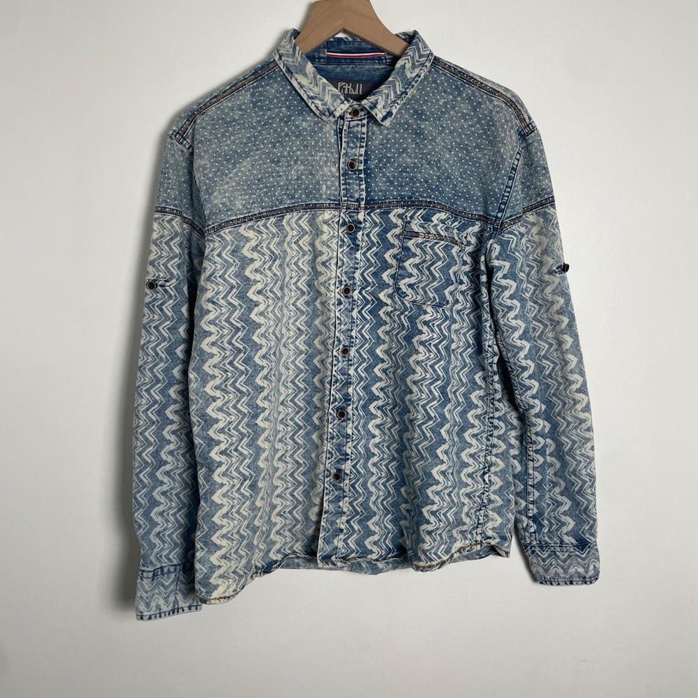 Y2K Denim Mixed Print Shirt Men M Y2K Indie Skater Surf Streetwear Festival Boho